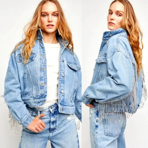 LAST ONE! Free People Rhinestone Fringe Denim Bomber Jacket Meteor Wash - Picture 5 of 15